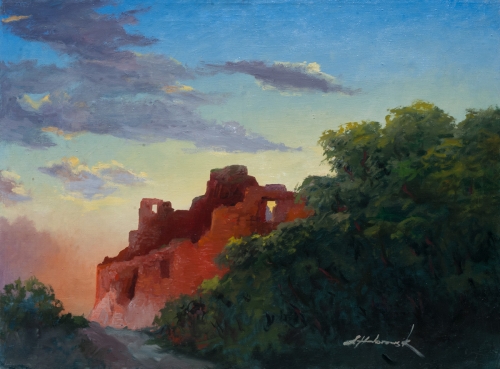 Stanisław Habrowski "Ruiny zamku o zachodzie słońca", antyki, galeria żak, malarstwo polskie