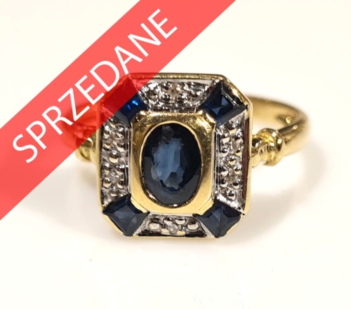 Pierścionek z szafirem i brylantami, dawna biżuteria, antyki, antyki Warszawa, skup antyków