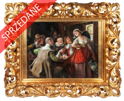 Jan Skramlik „Scena w tawernie”, malarstwo aukcyjne, dawne obrazy, galeria Żak, antyki Warszawa