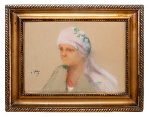 Józef Ujhelyi "Girl with the pink headkerchief", 1929
, antique Warsaw, antique paintings, Galeria Żak, art, antiques