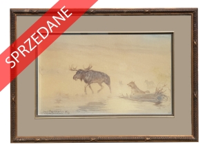 Józef Ryszkiewicz „Łoś z wilkami na mokradłach”, 1917 r.