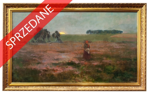 Malarz polski "W polu o wschodzie słońca" , antyki Warszawa, skup antyków, dawne malarstwo, malarstwo aukcyjne, malarstwo polskie, Galeria Żak