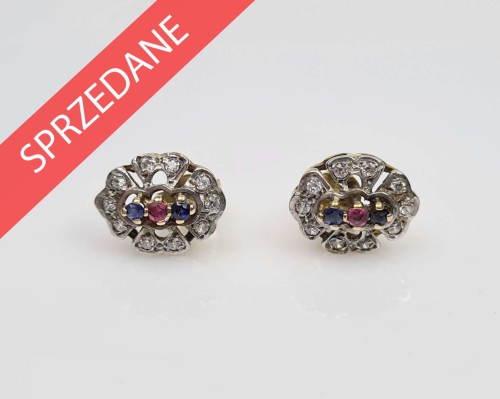 Kolczyki z szafirami i rubinami , dawna biżuteria, antyki, antyki Warszawa, skup antyków