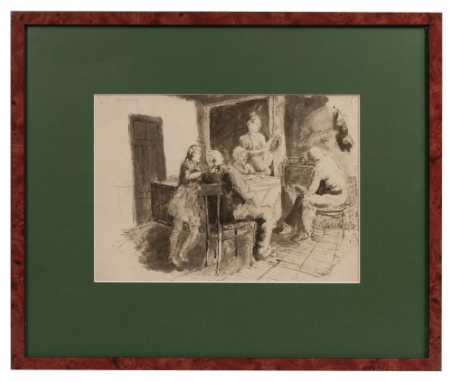 Eugeniusz Kasprzak “Scena we wnętrzu” , antyki Warszawa, skup antyków, dawne malarstwo, malarstwo aukcyjne, malarstwo polskie, Galeria Żak