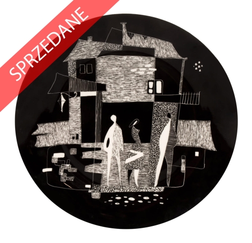 Patera dekoracyjna "Rozmowa",  B.Banaś, Zakłady Porcelitu w Chodzieży, lata 1950-1960 , antyki Warszawa, skup antyków, pikasiak, porcelana, stara porcelana, Galeria Żak