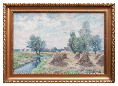 Willy Herrmann “Pejzaż ze snopkami”, antyki Warszawa, skup antyków, dawne malarstwo, malarstwo aukcyjne, malarstwo polskie, Galeria Żak