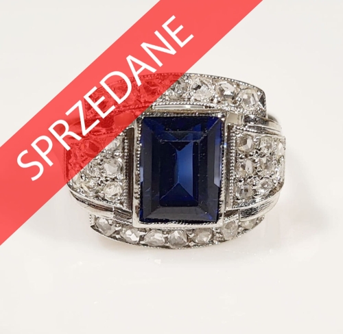 Pierścionek z szafirem i brylantami, dawna biżuteria, antyki, antyki Warszawa, skup antyków
