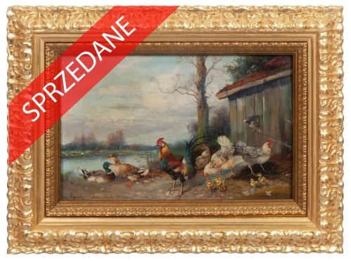 Max Hänger "Ptactwo nad stawem" 
, antyki Warszawa, skup antyków, dawne malarstwo, malarstwo aukcyjne, malarstwo polskie, Galeria Żak