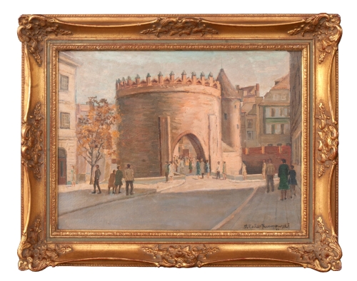 Błażej Iwanowski „Barbakan w Warszawie", 1962 r., antyki Warszawa, skup antyków, dawne malarstwo, malarstwo aukcyjne, malarstwo polskie, Galeria Żak