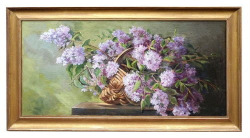 Ignacy Pieńkowski "Lilac in a wicker basket", Moscow, 1916 , antique Warsaw, antique paintings, Galeria Żak, art, antiques