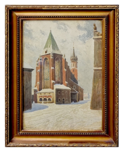 Stanisław Fabijański "Kościół Mariacki zimą",  malarstwo aukcyjne, skuo obrazów Kraków