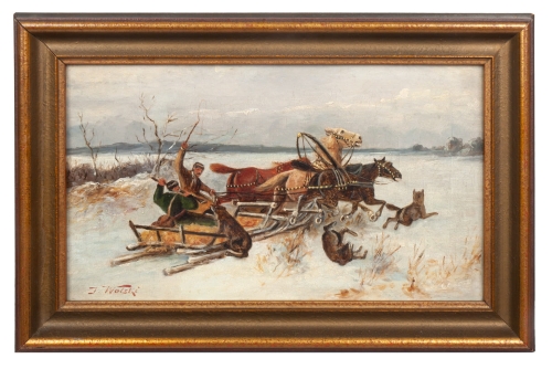 Jan Wolski „Wolves attack", antique Warsaw, antique paintings, Galeria Żak, art, antiques