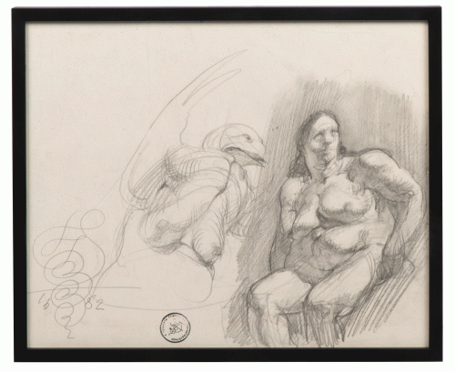 Franciszek Starowieyski “Composition with the bird and nude”, 1982 antique Warsaw, antique paintings, Galeria Żak, art, antiques