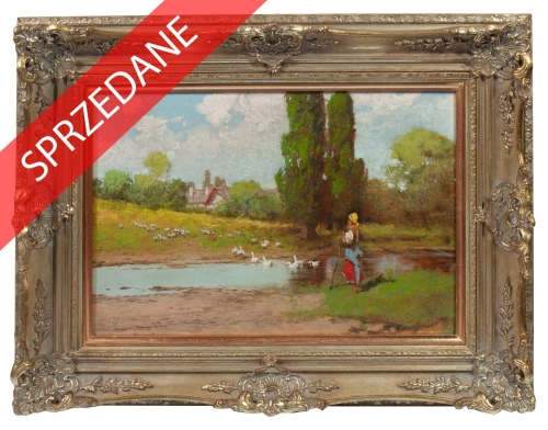 László Neogrády “Pejzaż z gęśmi nad rzeką”, antyki Warszawa, skup antyków, dawne malarstwo, malarstwo aukcyjne, malarstwo polskie, Galeria Żak