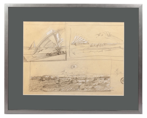 Franciszek Starowieyski "Pejzaż z okiem opatrzności", rysunek aukcyjny, surrealizm, skup grafik, skup rysunków