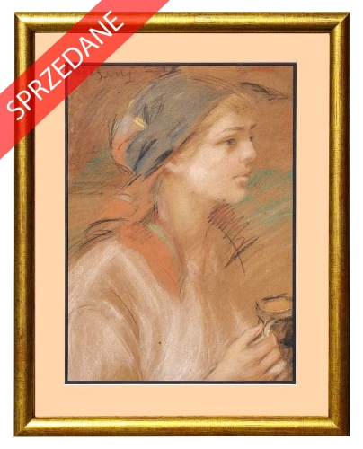 Józef Szczęsny "Portret dziewczyny", szkoła krakowska, malarstwo dawne, Teodor Axentowicz, pastel, antyki, galeria żak