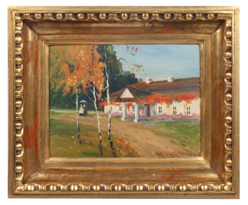 Bronisława Rychter-Janowska "Jesienny spacer przed dworkiem"  , antyki Warszawa, skup antyków, dawne malarstwo, malarstwo aukcyjne, malarstwo polskie, Galeria Żak