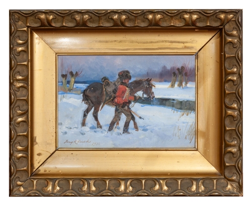 Jerzy Kossak "Horse artillery gunner on the road”, 1930, antique Warsaw, antique paintings, Galeria Żak, art, antiques