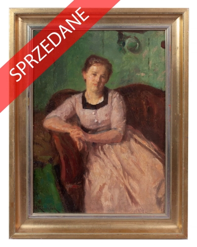 Szymon Glücklich "Dziewczyna na kanapie", malarstwo aukcyjne, malarze Bielsko-Białej, dzieła sztuki