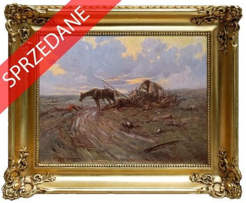 Stanisław Jankowski "Scena po bitiwe", 1915 r. ,antyki, galeria żak, malarstwo polskie, dzieła sztuki