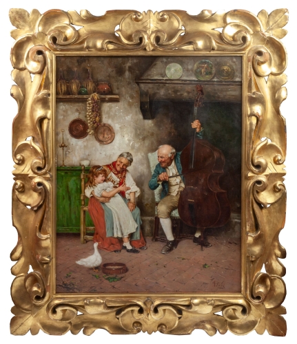 Allesandro Sani "Z wizytą u niani" , włoskie malarstwo, włoskie obrazy aukcyjne, malarstwo światowe, szkoła włoska