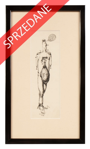 Franciszek Starowieyski “Kompozycja z mężczyzną i instrumentem”, antyki Warszawa, skup antyków, dawne malarstwo, malarstwo aukcyjne, malarstwo polskie, Galeria Żak