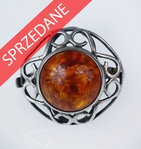 Pierścionek z bursztynem, Polska, 1963 - 1986, antyki, srebro, dawna biżuteria, skup antyków, Galeria Żak