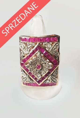 Pierścionek z rubinami i diamentami , antyki Warszawa, skup antyków, dawna biżuteria, antyki, Galeria Żak