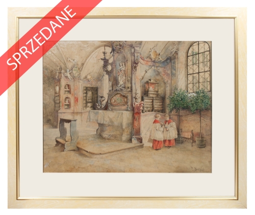 Franz Brochier “Przed mszą”, antyki Warszawa, skup antyków, dawne malarstwo, malarstwo aukcyjne, malarstwo polskie, Galeria Żak