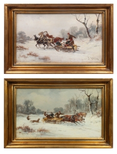 Jan Wolski pair of paintings ”On the road to hunting” “Wolves attack”