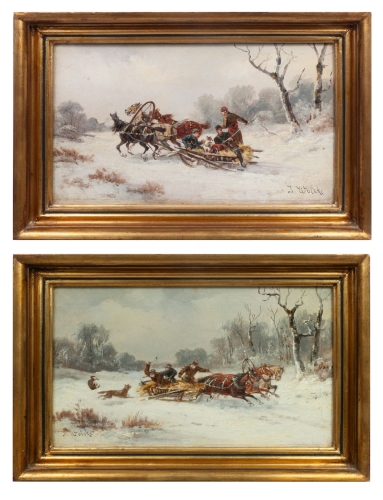 Jan Wolski pair of paintings ”On the road to hunting” “Wolves attack”  , antique Warsaw, antique paintings, Galeria Żak, art, antiques