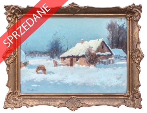 Wiktor Korecki “Zimowy pejzaż z wilkami” , antyki Warszawa, skup antyków, dawne malarstwo, malarstwo aukcyjne, malarstwo polskie, Galeria Żak