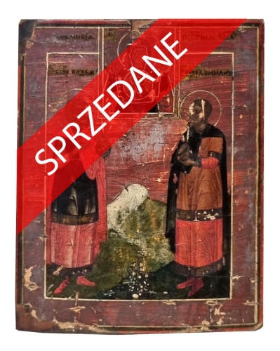 Ikona Święci Kosma i Damian, XIX w., antyki Warszawa, skup antyków, dawne malarstwo, malarstwo aukcyjne, malarstwo polskie, Galeria Żak