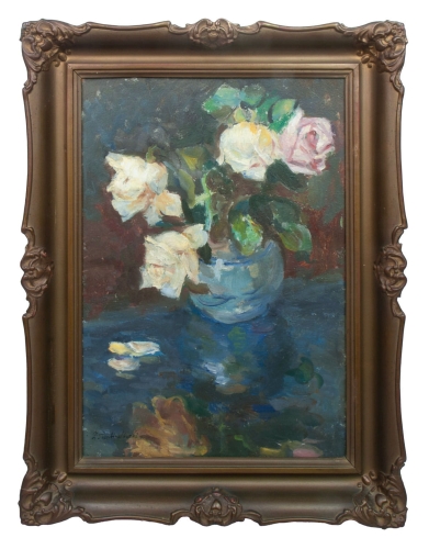 Zdzisław Przebindowski “Martwa natura z różami”, antyki Warszawa, skup antyków, dawne malarstwo, malarstwo aukcyjne, malarstwo polskie, Galeria Żak