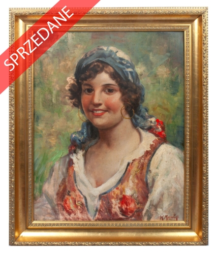 W. Moczulski “Portret dziewczyny w chuście” , antyki Warszawa, skup antyków, dawne malarstwo, malarstwo aukcyjne, malarstwo polskie, Galeria Żak