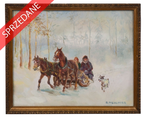 Barbara Mehoffer “Zimowa przejażdżka” , antyki Warszawa, skup antyków, dawne malarstwo, malarstwo aukcyjne, malarstwo polskie, Galeria Żak