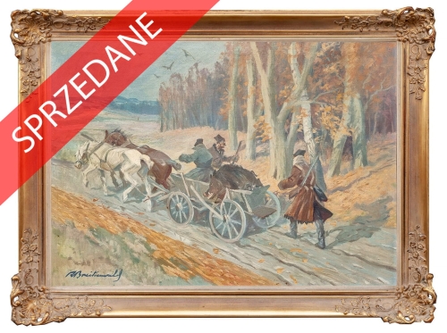 Roman Breitenwald "Powrót z polowania", antyki Warszawa, skup antyków, dawne malarstwo, malarstwo aukcyjne, malarstwo polskie, Galeria Żak