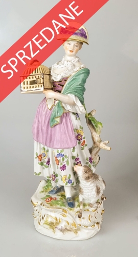 Johann Kändler "Dama z klatką i owcą", Miśnia, 1924-1934, antyki Warszawa, skup antyków, porcelana, stara porcelana, Galeria Żak