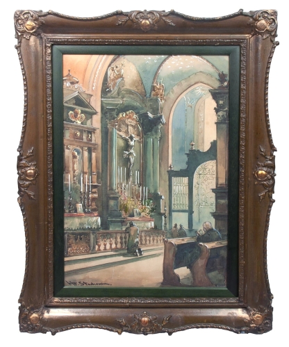 Władysław Chmieliński "Modlitwa w Kościele Mariackim”, antyki Warszawa, skup antyków, dawne malarstwo, malarstwo aukcyjne, malarstwo polskie, Galeria Żak