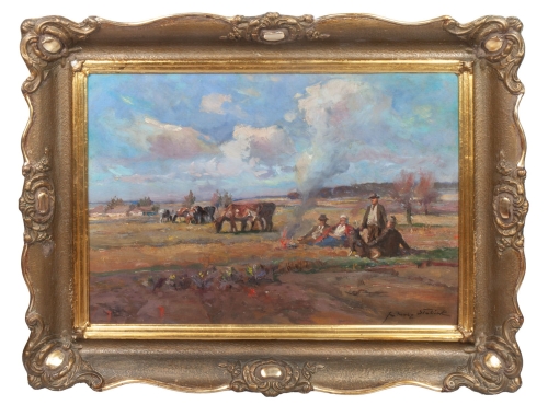 Juliusz Słabiak "Przy ognisku”    , antyki Warszawa, skup antyków, dawne malarstwo, malarstwo aukcyjne, malarstwo polskie, Galeria Żak