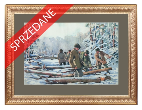 Stanisław Gibiński “Zwózka drewna”, antyki Warszawa, skup antyków, dawne malarstwo, malarstwo aukcyjne, malarstwo polskie, Galeria Żak