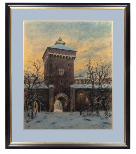 Stanisław Mazurkiewicz “Brama Floriańska w Krakowie” , antyki Warszawa, skup antyków, dawne malarstwo, malarstwo aukcyjne, malarstwo polskie, Galeria Żak
