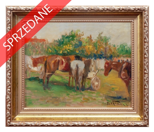 Adolf Behrmann “Targ koński”, antyki Warszawa, skup antyków, dawne malarstwo, malarstwo aukcyjne, malarstwo polskie, Galeria Żak