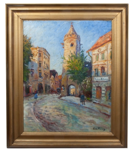 Richard Kant „Brama Kłodzka w Paczkowie”, ok. 1920 r. , antyki Warszawa, skup antyków, dawne malarstwo, malarstwo aukcyjne, malarstwo polskie, Galeria Żak