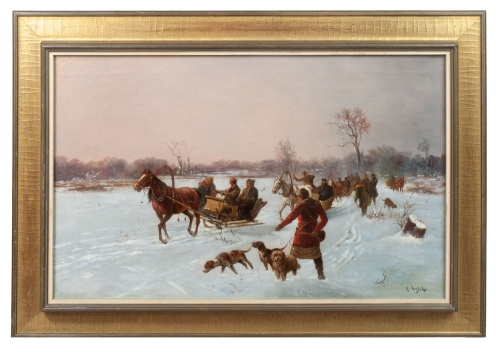 Adolf Rylski “Wyjazd na polowanie” , antyki Warszawa, skup antyków, dawne malarstwo, malarstwo aukcyjne, malarstwo polskie, Galeria Żak