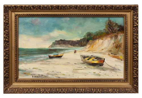 Marian Kaczanowski “Boats on the seashore”  , antique Warsaw, antique paintings, Galeria Żak, art, antiques