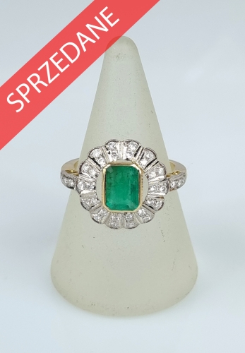 Pierścionek z brylantami i szmaragdem, antyki Warszawa, skup antyków, dawna biżuteria, antyki, Galeria Żak