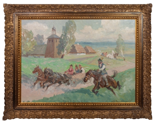 Roman Breitenwald “Wyjazd z kościoła&amp;quot;, malarstwo polskie, obrazy aukcyjne