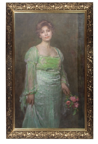 Szymon Glücklich "Dama z bukietem kwiatów", antyki Warszawa, skup antyków, dawne malarstwo, malarstwo aukcyjne, malarstwo polskie, Galeria Żak