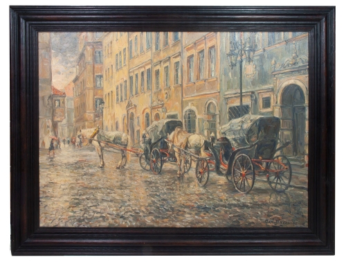 Jan Pawłowski “Dorożki na Starym Mieście”, antyki Warszawa, skup antyków, dawne malarstwo, malarstwo aukcyjne, malarstwo polskie, Galeria Żak
